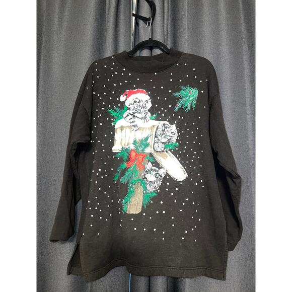 Ugly Christmas Sweater Xmas Sweatshirt Crewneck Size Large Cat Vintage - Picture 1 of 3